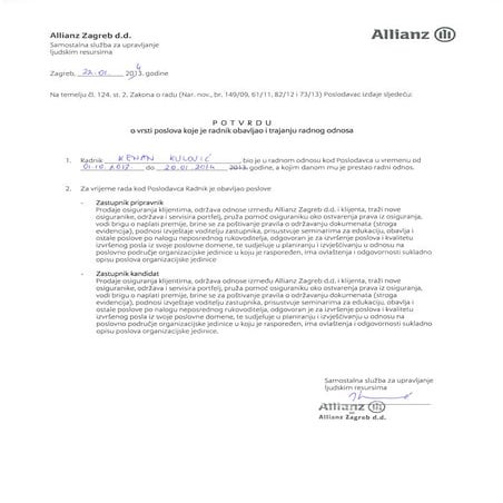 Potvrda Allianz Osiguranje