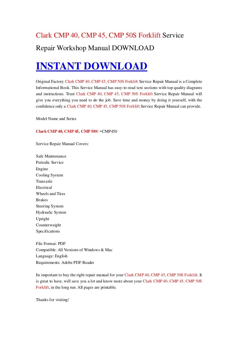 Clark CMP 40, CMP 45, CMP 50S Forklift Service Repair Workshop Manual…