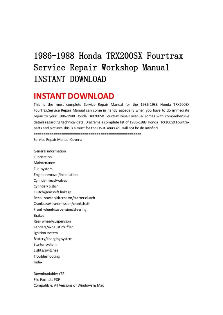 1986 1988 honda trx200 sx fourtrax service repair workshop manual ins…