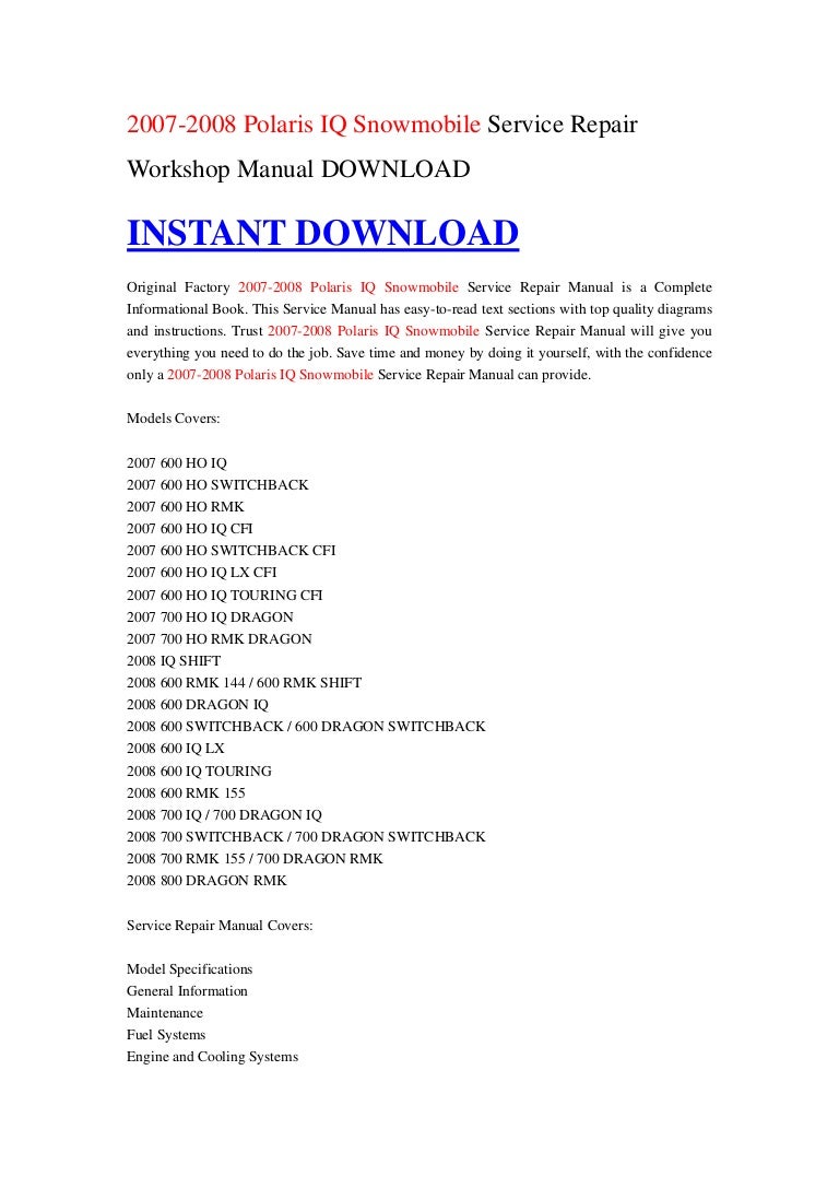2007-2008 Polaris IQ Snowmobile Service Repair Workshop Manual DOWNLOAD
