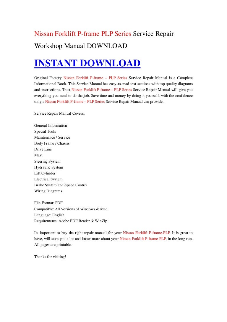 Nissan Forklift P-frame PLP Series Service Repair Workshop Manual DOWNLOAD