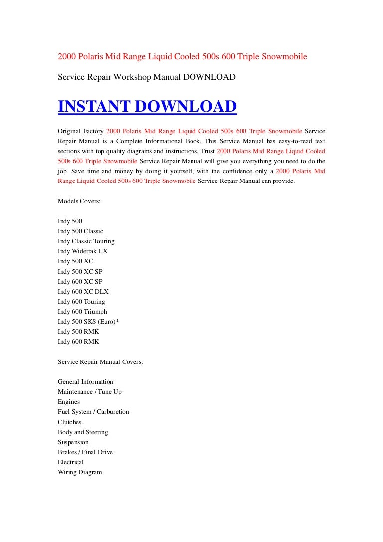 ... Repair Manual - 2508. 2000 Polaris Mid Range Liquid Cooled 500s 600  Triple Snowmobile Servi…