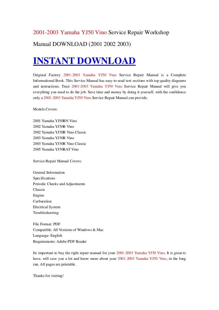 2001 Yamaha Yj50rn Vino 50 Service Repair Manual Download