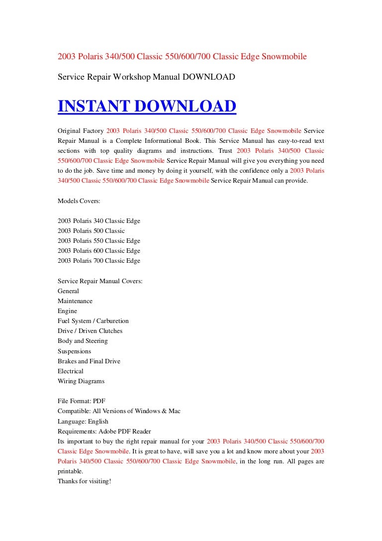 2003 Polaris 340/500 Classic 550/600/700 Classic Edge Snowmobile Serv…