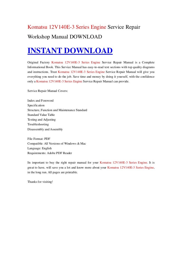 Komatsu 12V140E-3 Series Engine Service Repair Workshop Manual DOWNLO…