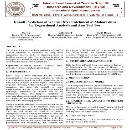 Runoff Prediction of Gharni River Catchment of Maharashtra by Regressional An...