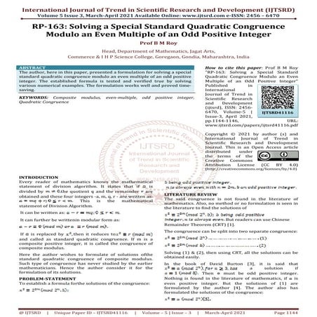 RP 163 Solving a Special Standard Quadratic Congruence Modulo an Even Multipl...