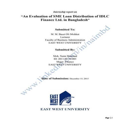 An Evaluation of SME Loan Distribution of IDLC Finance Ltd. in Bangladesh Part-1