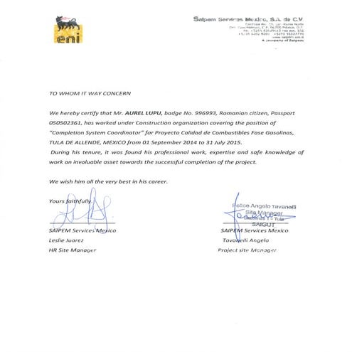 Aurel LUPU_REFERENCE Letter_SAIPEM Mexico