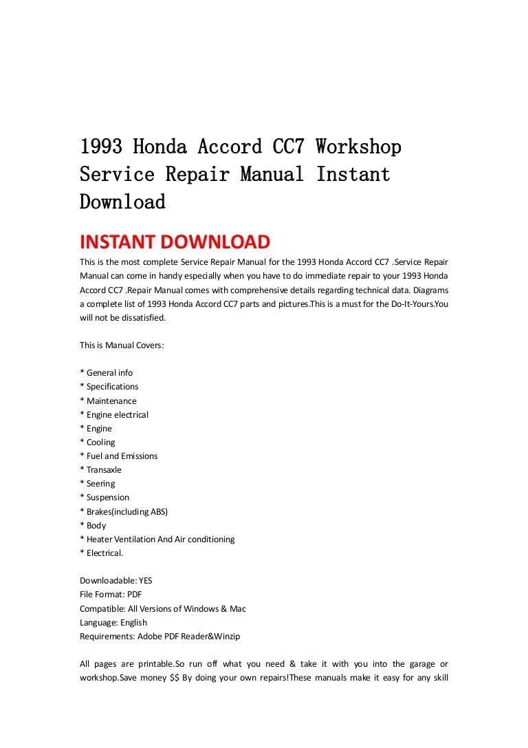 1993 Honda Accord Repair Manual Pdf Downloa