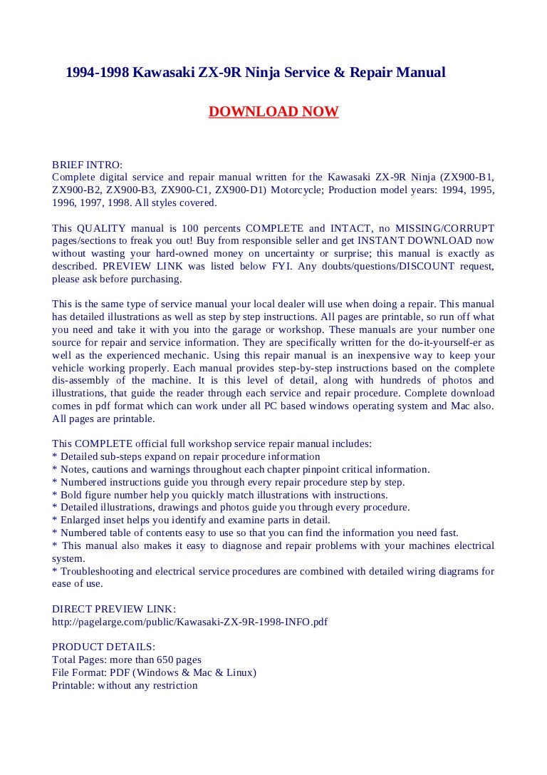 1994 1998 kawasaki zx-9 r ninja service & repair manual