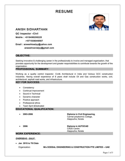 Civil QA&QC Inspector Updated Resume | PDF