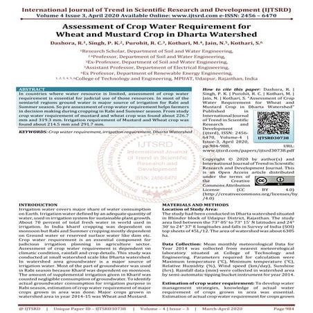 Assessment of Crop Water Requirement for Wheat and Mustard Crop in Dharta Wat...