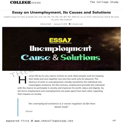 19 essay on unemployment, its causes and solutions   the college study