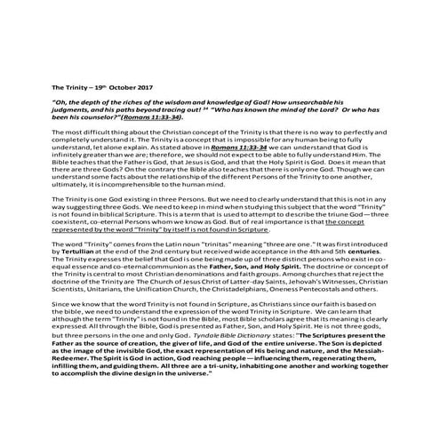 19th October 2017  - What does the bible teach about the Trinity