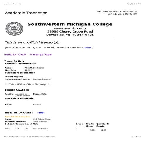 Graduate Unofficial Transcript | DOCX