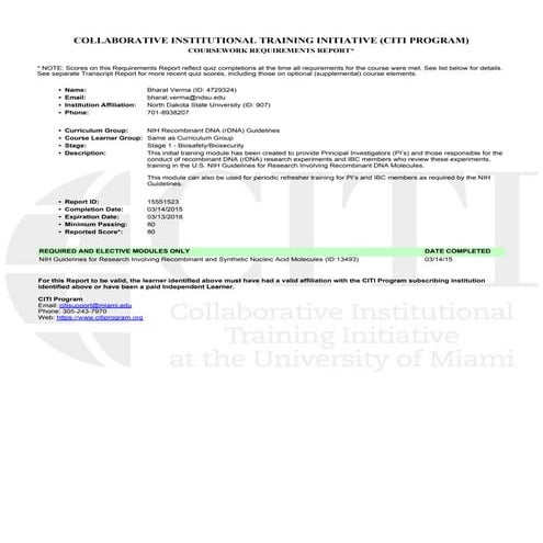 NIH Recombinant DNA (rDNA) Guidelines certificate
