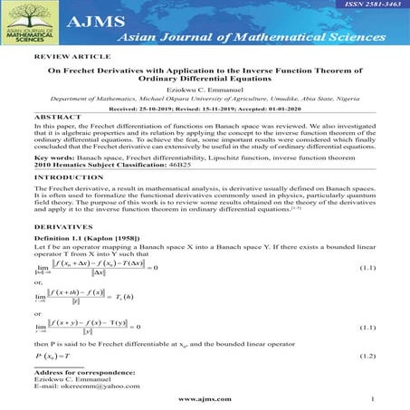 On Frechet Derivatives with Application to the Inverse Function Theorem ...