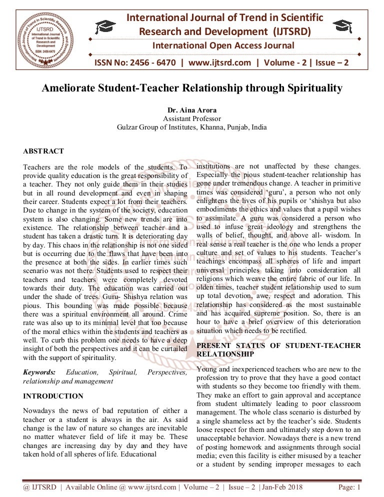 Ameliorate Student Teacher Relationship Through Spirituality
