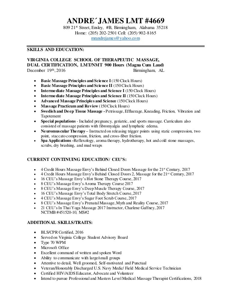 ­1­ Andre James Massage Therapist Resume