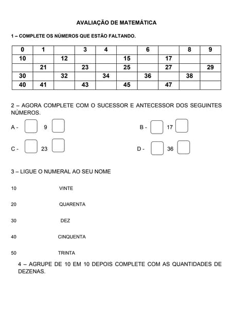 1º ano  completar números, pares e ...