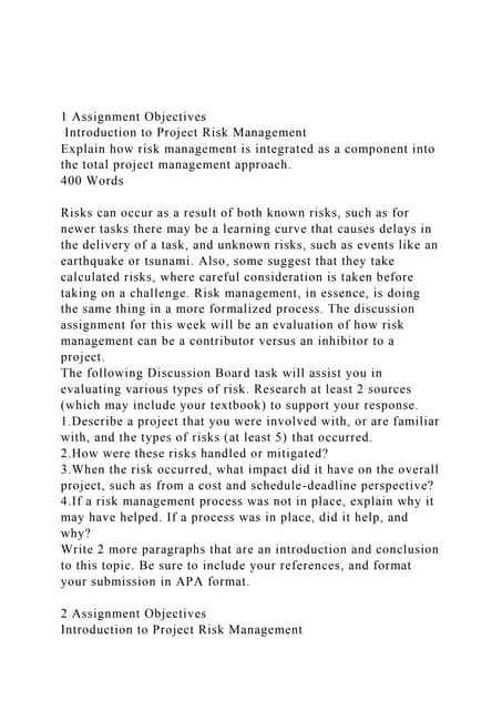 1 Assignment Objectives Introduction to Project Risk Managemen.docx