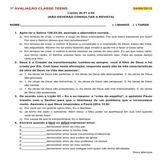 1ª Avaliação - EBD Classe Teen