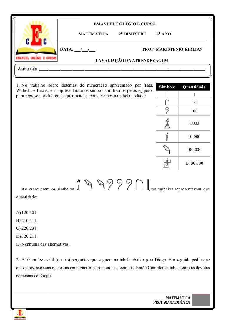 Exercicios Sistema De Numeração Decimal 6 Ano Com Gabarito