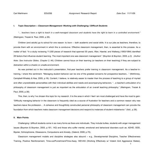 Research Report - Classroom Management - Working with Challenging Students