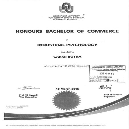 BCOM Certificate C Botha | PDF