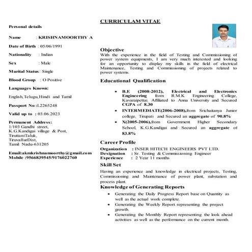 resume krishna electrical engineer