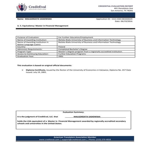 Bachelor. CREDENTIAL EVALUATION REPORT 
