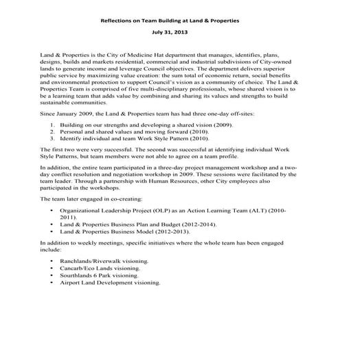 Reflections on Team Building at Land 2013 Jul 31