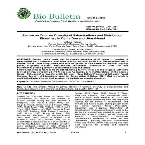 Review on Odonate Diversity of Sahastradhara and Distribution Elsewhere in De...