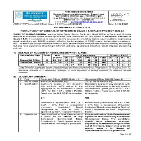 Bank of Maharashtra Recruitment 2022 For 500 Generalist Officer Scale II III ...