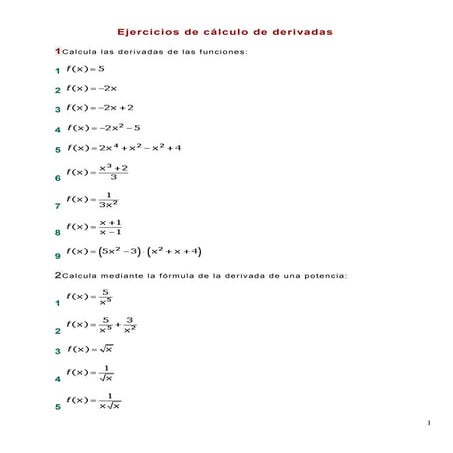 Fórmulas de derivadas inmediatas | DOCX