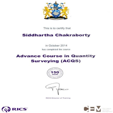 Certificate - RICS - Advanced Course in Quantity Survey | PDF