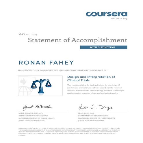 Ronan Fahey Certificate of Distinction