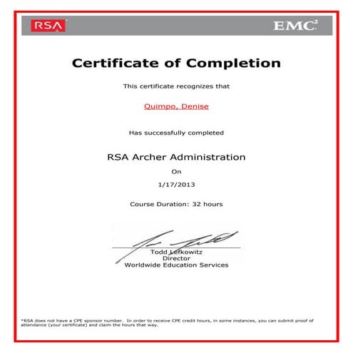 RSA Archer Admin Certificate of Completion