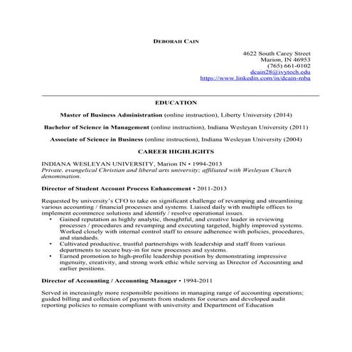 Cain, Deborah - Adjunct Resume