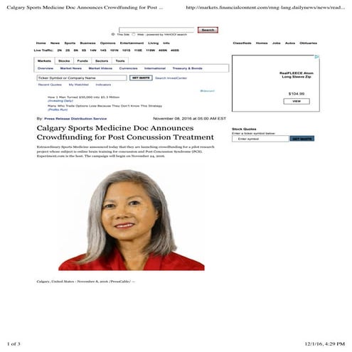 Calgary Sports Medicine Doc Announces Crowdfunding for Post Concussion Treatm...