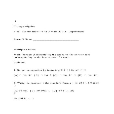  1 College Algebra Final Examination---FHSU Math & C.S.docx
