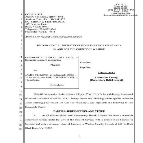 Community Health Alliance in Reno sues former employee (original complaint)