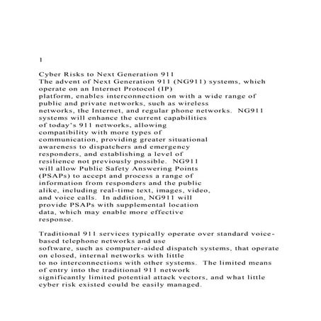 1 Cyber Risks to Next Generation 911 The advent of Next .docx