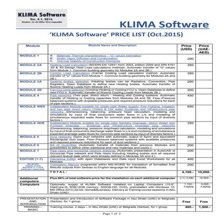 KLIMA Software - Price List (Oct-2015)