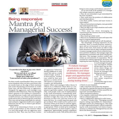 Corporate Citizen -  Mantra for Managerial Success- Vasudevan Easwaran 