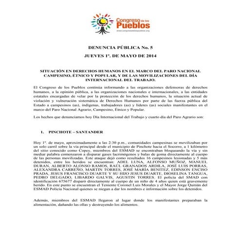 1° de mayo de 2014, ataques contra Paro Campesino.