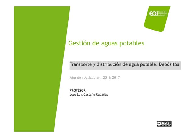 Gestión de aguas potables. Transporte y distribución de agua potable. Depósitos · ppt.
