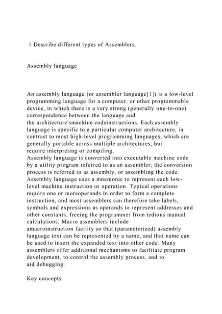  1 Describe different types of Assemblers.Assembly language.docx