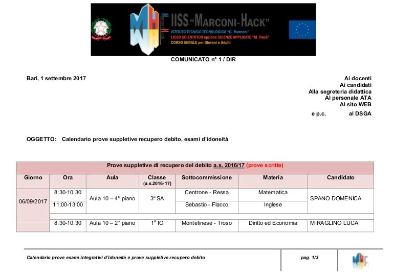Calendario esami settembre 2017